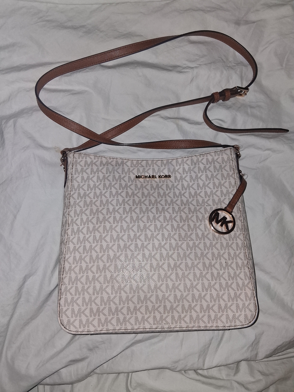 Michael Kors White Signature MK Crossbody Bag with Brown Trim